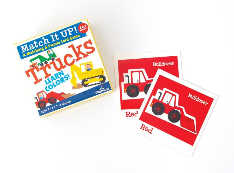 Trucks matching game for kids featuring box with colorful illustrations of trucks and 2 red game cards, shown on white background.