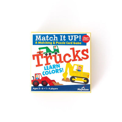 Trucks matching game for kids featuring box with colorful truck illustrations, shown on white background.