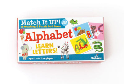 Game box containing alphabet matching game for kids. Image shows cute animal illustrations including zebra, elephant holding a skateboard, monkey, and iguana.