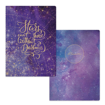 journal notebook set featuring 2 journals with purple stargazer covers with gold details, shown on white background.