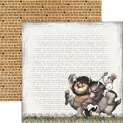 scrapbook paper featuring Where the Wild Things Are characters overlapping another scrapbook paper featuring words from the book on a tan background.