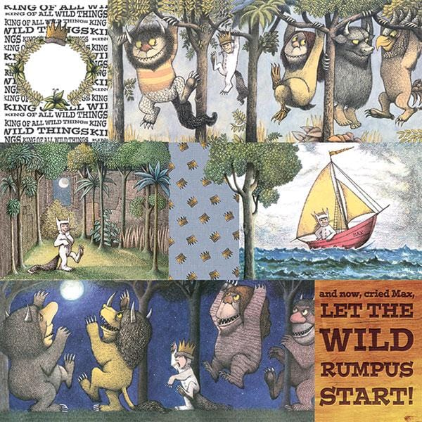scrapbook paper featuring tags of Where the Wild Things Are characters and scenes.