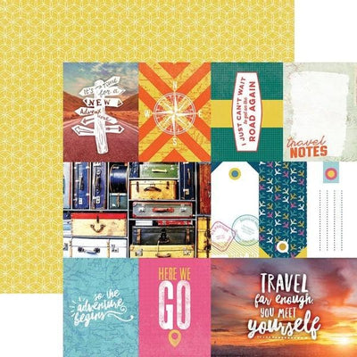 scrapbook paper featuring colorful travel tags with illustrations and photos, shown overlapping a yellow patterned paper.