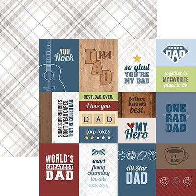 #1 Dad scrapbook paper image features word tags on front side and gray plaid pattern on back side.