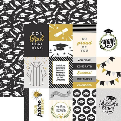 Black, white and gold scrapbook paper featuring graduation themed word tags and illustrations. Shown overlapping a black and white illustrated pattern of mortarboards.