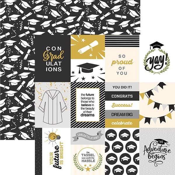 Black, white and gold scrapbook paper featuring graduation themed word tags and illustrations. Shown overlapping a black and white illustrated pattern of mortarboards.