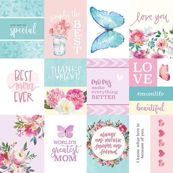 Mom themed tags are featured on this pastel colored scrapbook paper with butterflies, florals and hearts.