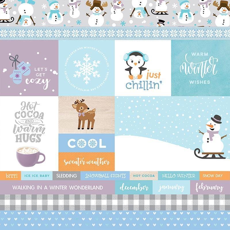 Tag scrapbook paper featuring words, penguins, snowflakes, snowman, reindeer, mittens and cocoa on teal, blue, white and purple.