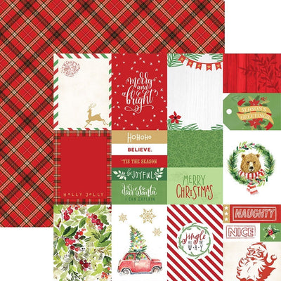 Double sided scrapbook paper featuring words, holly, santa, reindeer and christmas tree on red, white and green tags. Shown in front of a red, black and white plaid pattern.