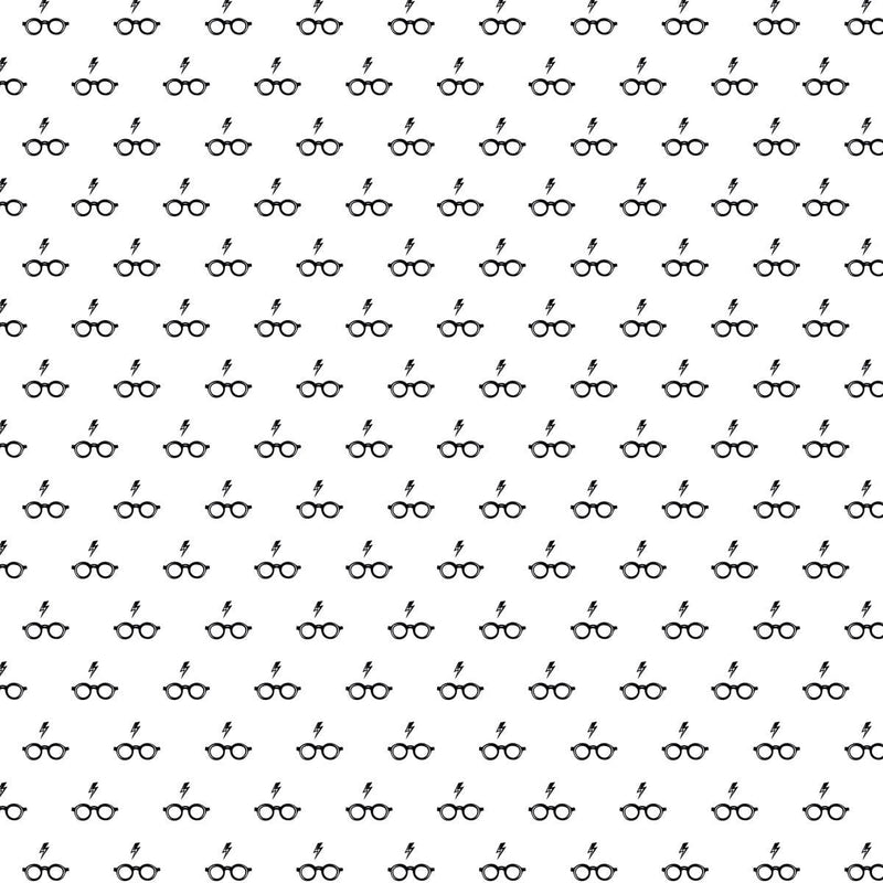 harry potter scrapbook paper featuring a pattern of black glasses & lightning bolts on a white background.