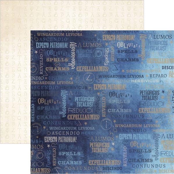 Harry Potter scrapbook paper set featuring a blue pattern of spells, shown oerlapping a beige pattern.