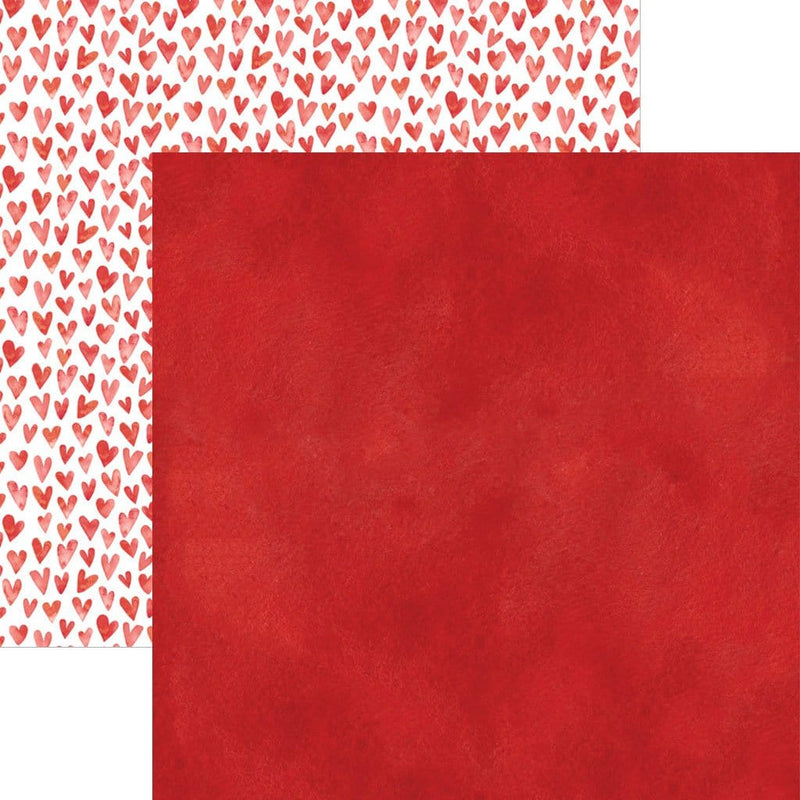 scrapbook paper image features a red wash on front side and a red heart pattern on back side.
