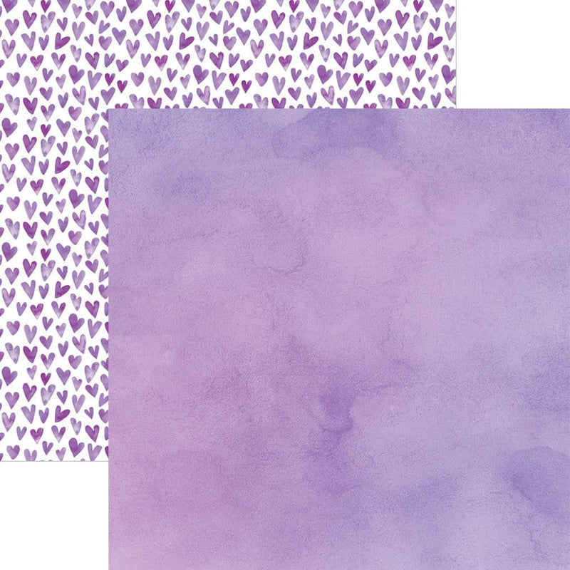 scrapbook paper image features a purple wash on front side and a purple heart pattern on back side.