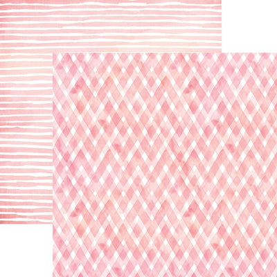 scrapbook paper image features a pink plaid pattern on front side and a pink stripe pattern on back side.