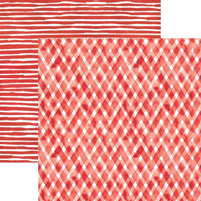 scrapbook paper image features a red plaid pattern on front side and a red stripe pattern on back side.