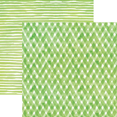 scrapbook paper image features a green plaid pattern on front side and a green stripe pattern on back side.