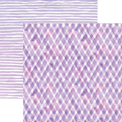 scrapbook paper image features a purple plaid pattern on front side and a purple stripe pattern on back side.