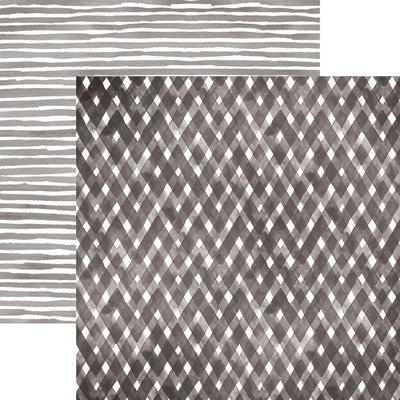 scrapbook paper image features a black plaid pattern on front side and a black stripe pattern on back side.