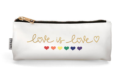 Pride pencil pouch from craft kit featuring rainbow hearts and zipper, shown on white background.