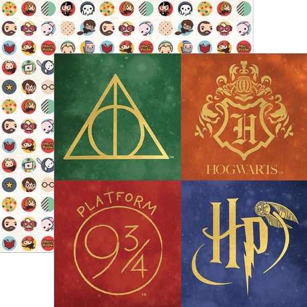 Harry Potter scrapbook paper set featuring a paper of 4 logos and icons in gold, shown overlapping a pattern of chibi characters.