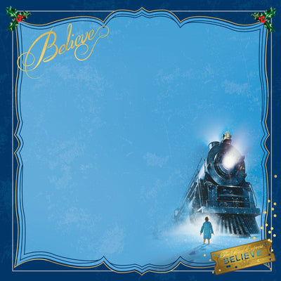 scrapbook paper featuring The Polar Express on a blue background bordered with gold details.