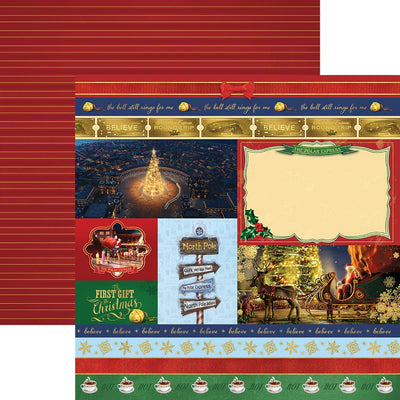 scrapbook paper featuring tags and borders of scenes from The Polar Express, shown overlapping a red striped pattern. 
