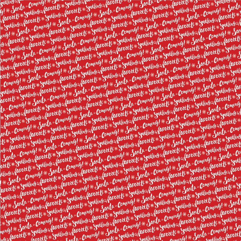scrapbook paper featuring a pattern of white script words on a red background.