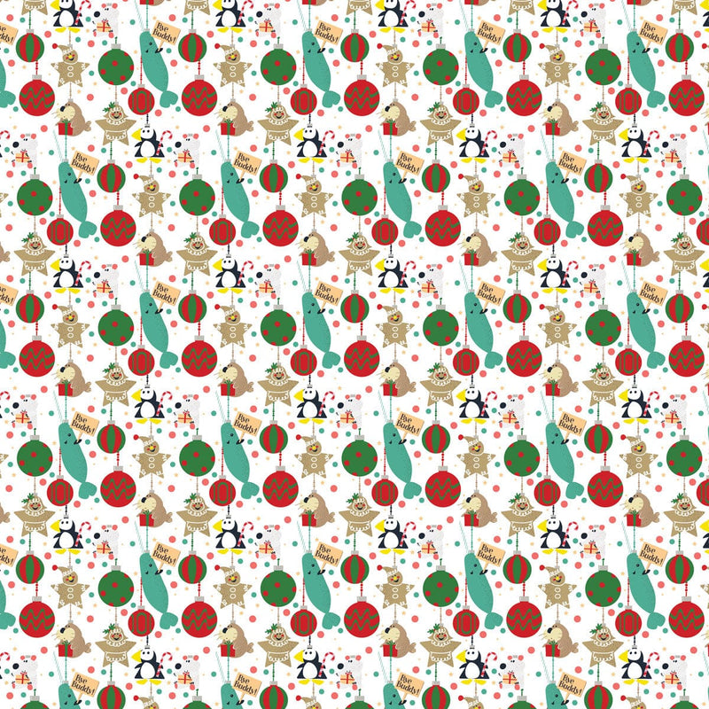 scrapbook paper featuring an illustrated pattern of Christmas ornaments.