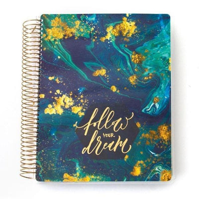 Blue Marble weekly planner image shows cover featuring dark blue and teal marble pattern with gold words and gold coil spine.