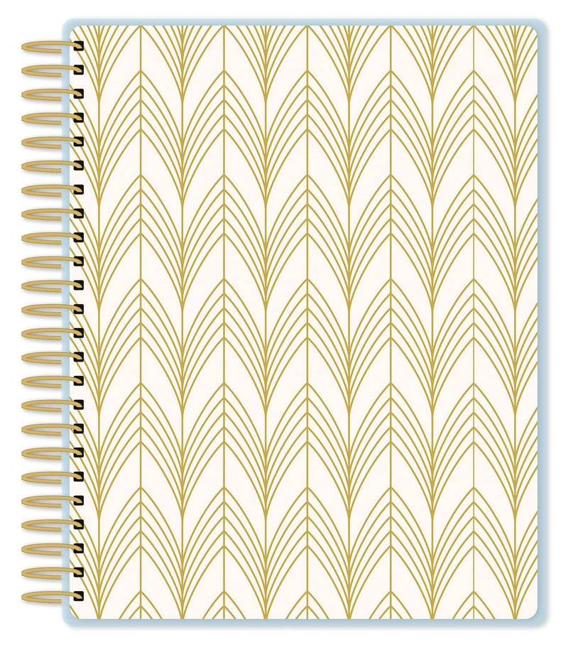Art Deco weekly planner image shows cover featuring a gold line pattern on off-white background and gold coil spine.