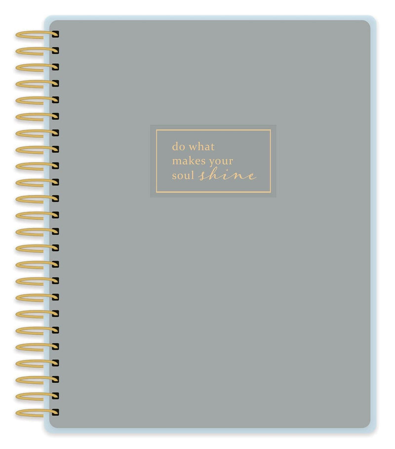 Soul Shine weekly planner image shows cover featuring solid gray background with gold words and gold coil spine.