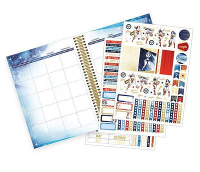 Wonder Woman weekly planner image shows three sticker sheets and a monthly spread.