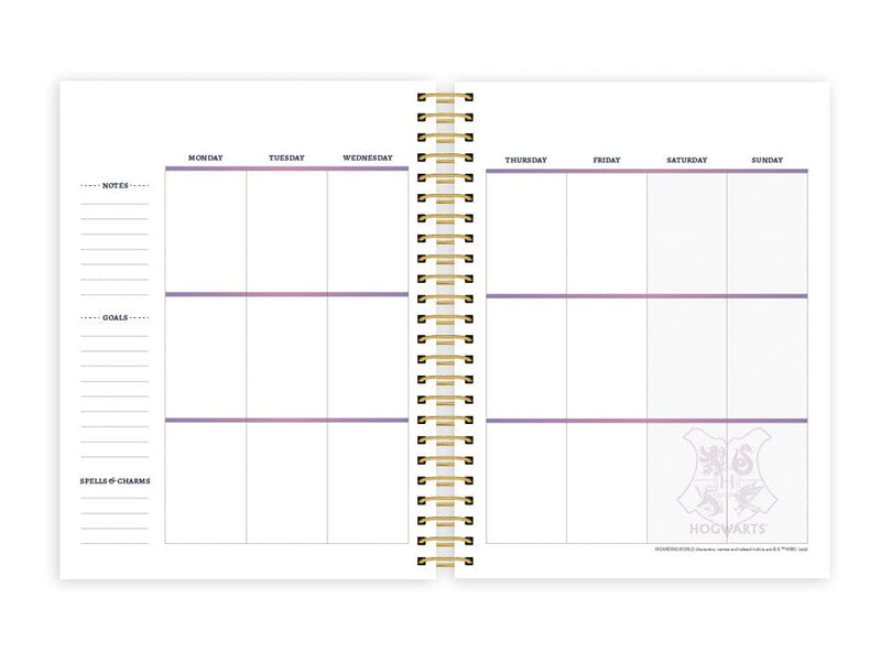 Harry Potter weekly planner featuring a weekly spread with gold spiral coil, shown on white background.