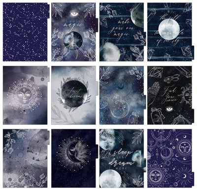 weekly planner featuring 12 divider pages with blue, silver and white illustrations of sun, moon and stars, shown on white background.