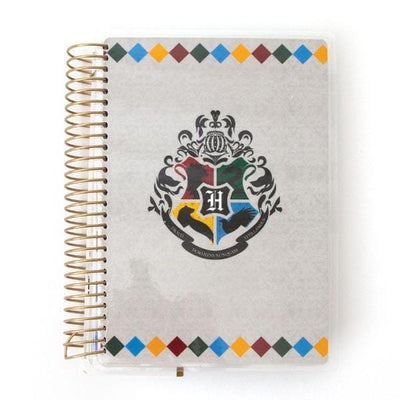 Harry Potter mini weekly planner image shows cover featuring the Hogwarts crest on a gray background with a gold coil spine.