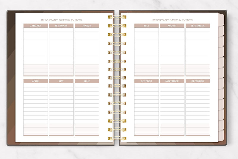 weekly planner featuring open spread of rectangles of each month for important dates and events.