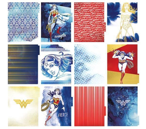 Wonder Woman weekly planner set image showing twelve dividers featuring red, blue and gold illustrations and patterns.