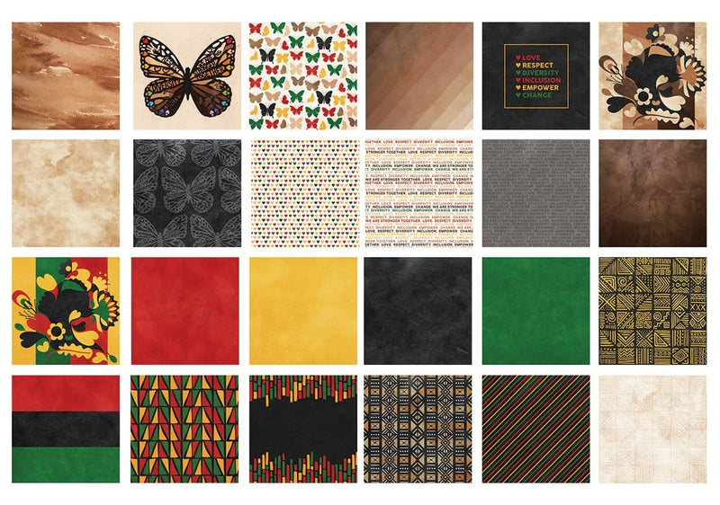 scrapbook paper pack elements are shown in this image featuring twenty four squares of red, gold, green and black patterns and illustrations.
