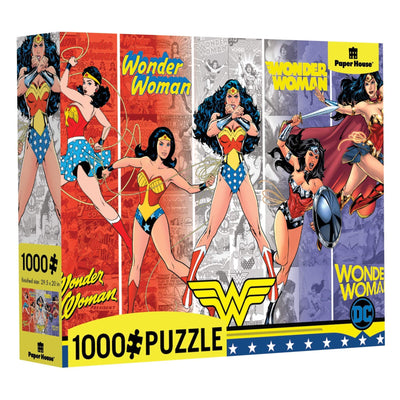 1000 piece jigsaw puzzle package featuring Wonder Woman in five poses set against a red, white and purple background.