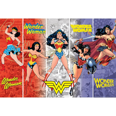 jigsaw puzzle featuring Wonder Woman in five poses set against a red, white and purple background.