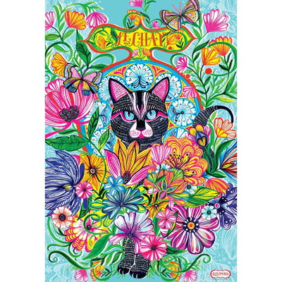 Le Chat jigsaw puzzle image featuring colorful illustrated cat and florals.