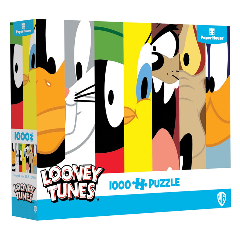 jigsaw puzzle box featuring colorful slices of the Looney Tunes characters, shown on white background.