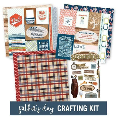 craft kit featuring patterned and tag scrapbook papers and a grandpa themed 3D sticker, shown on white background.