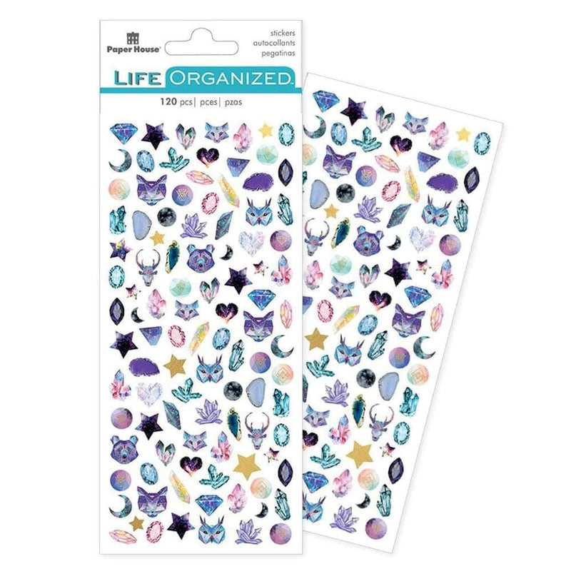 mini stickers featuring celestial themes in gold and purples are shown in package overlapping another sheet of stickers on a white background.