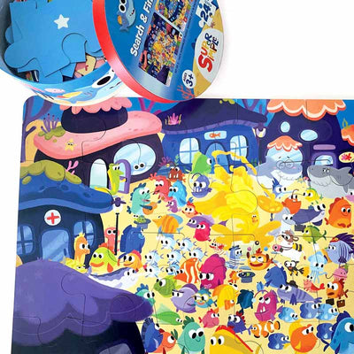Assembled floor puzzle featuring finny the shark shown on white background with open package.