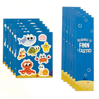 sticker sheets and bookmarks featuring finny the shark, shown on white background.