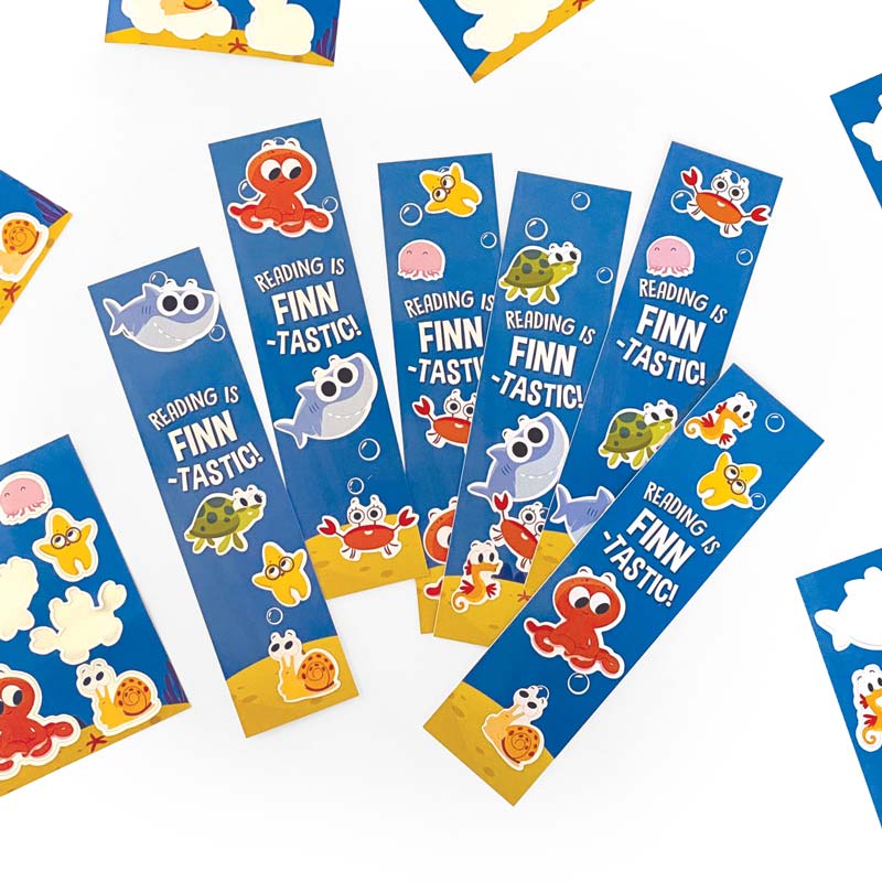 6 bookmarks featuring finny the shark and friends are displayed on white background with sticker sheets