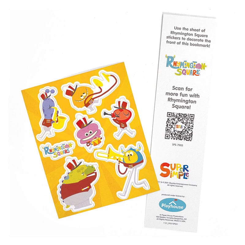 sticker sheet and bookmark featuring Rhymington Square, shown on white background