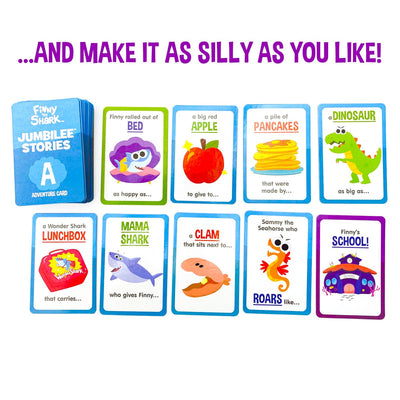 Finny the Shark Jumbilee Stories featuring cards displayed on white background with Purple headline.