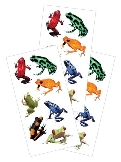 3 sheets of stickers featuring colorful, photo real frogs, shown on white background.